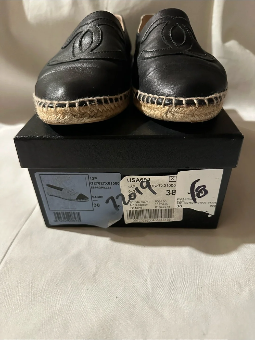 Authentic CHANEL Black Leather Espadrille Slip-Ons with CC Logo Size 38